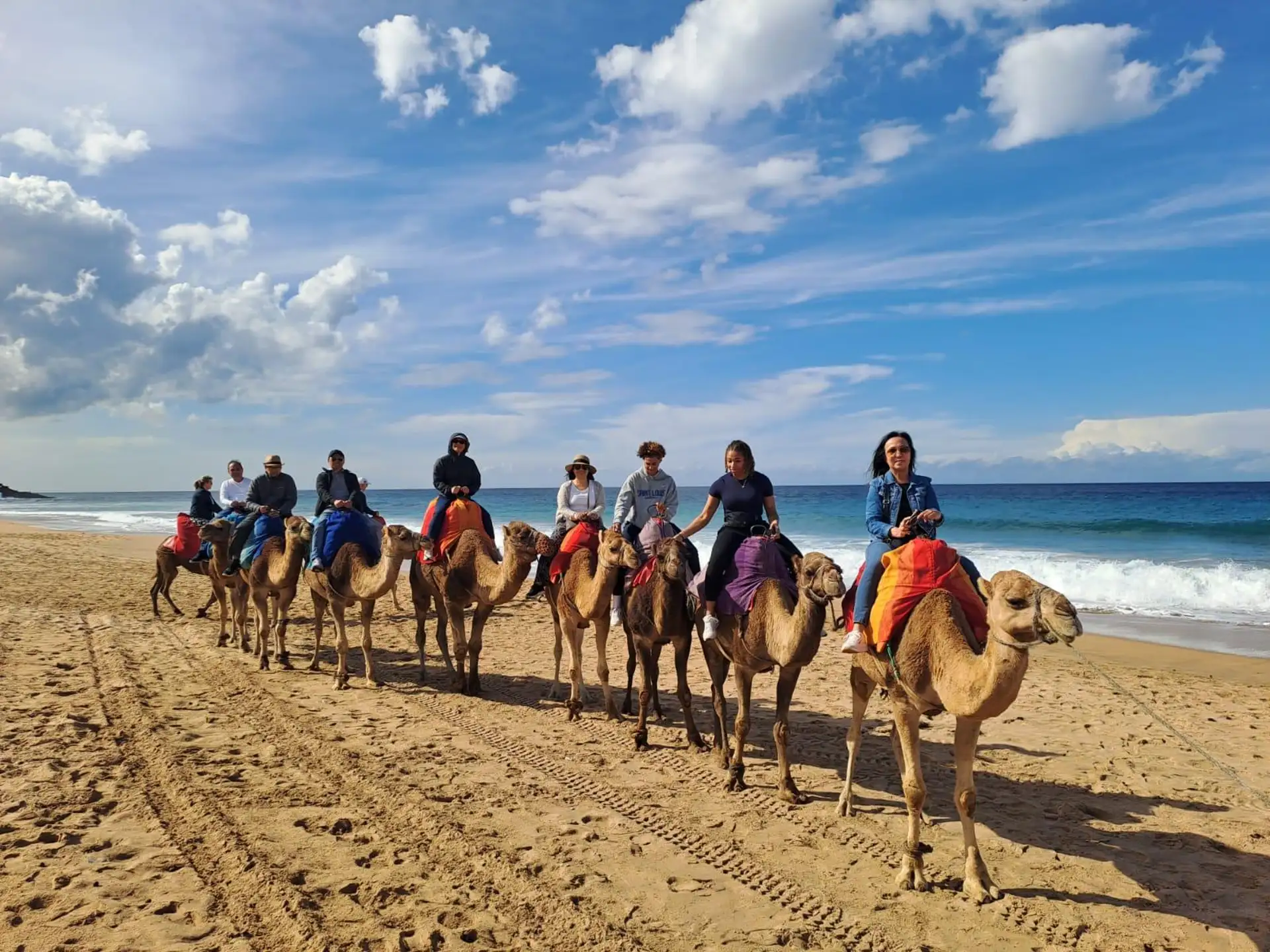 Camel riders crossing a broad beach on Morocco’s coast